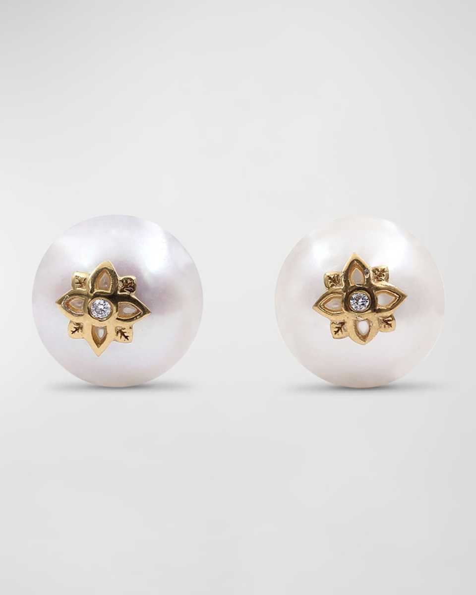 White Pearl and White Diamond Stud Earrings in 18K Gold